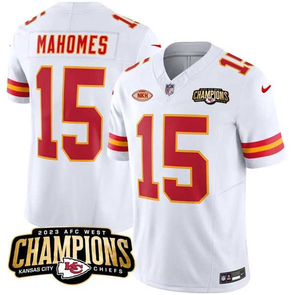 Men & Women & Youth Kansas City Chiefs #15 Patrick Mahomes White 2023 F.U.S.E. AFC West Champions With NKH Patch Vapor Untouchable Limited Jersey,We sell and wholesale Men & Women & Youth Kansas City Chiefs #15 Patrick Mahomes White 2023 F.U.S.E. AFC West Champions With NKH Patch Vapor Untouchable Limited Jersey on line form chian!
